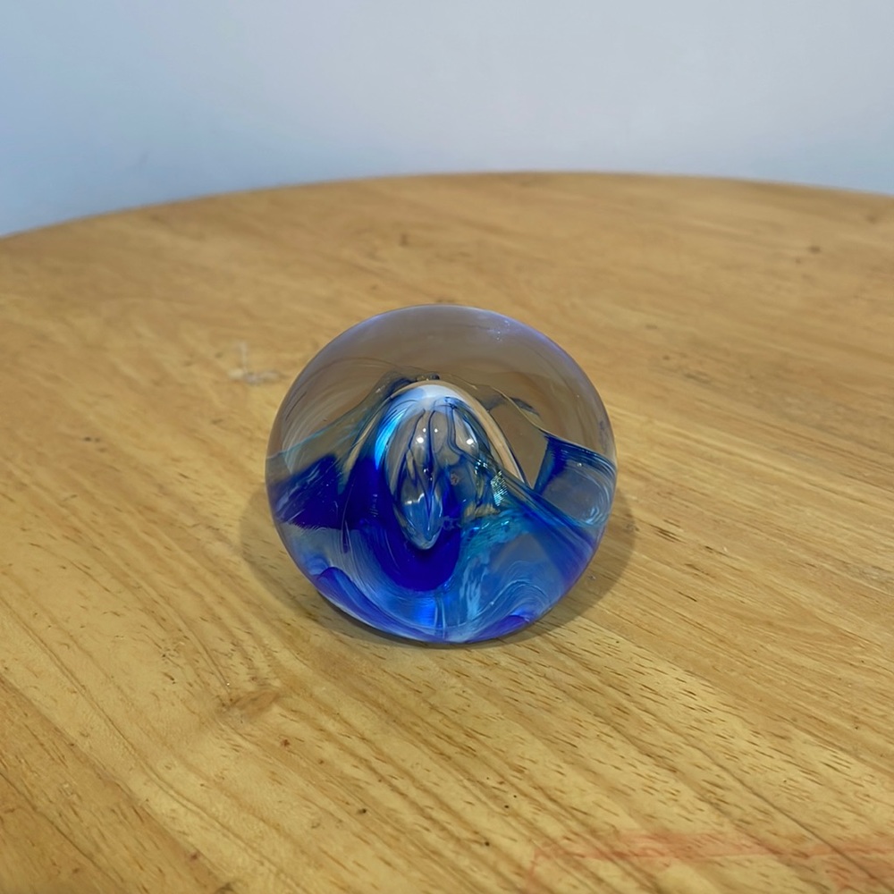 Signed glass paperweight blue and clear